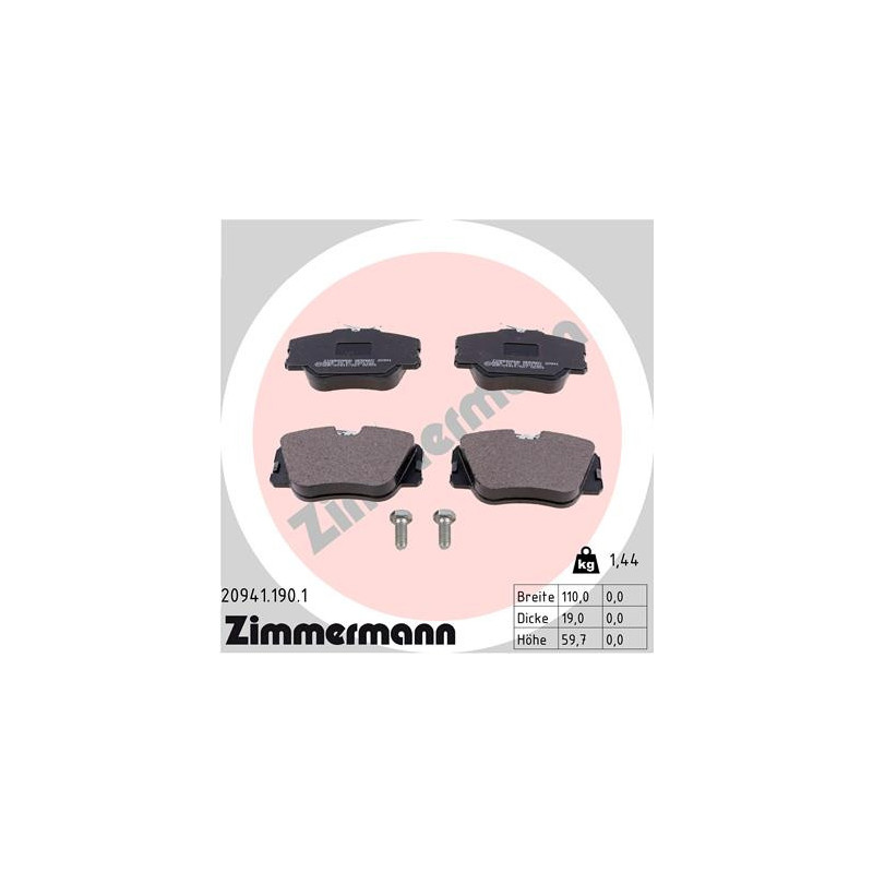 Jeu de quatre plaquettes de frein à disque ZIMMERMANN