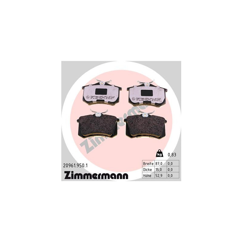 Jeu de quatre plaquettes de frein à disque ZIMMERMANN