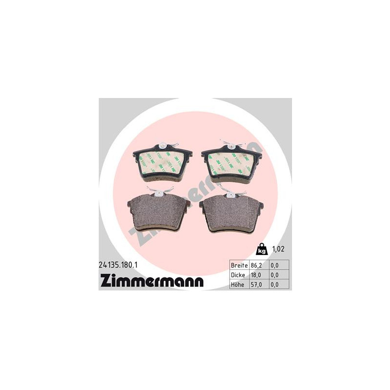 Jeu de quatre plaquettes de frein à disque ZIMMERMANN