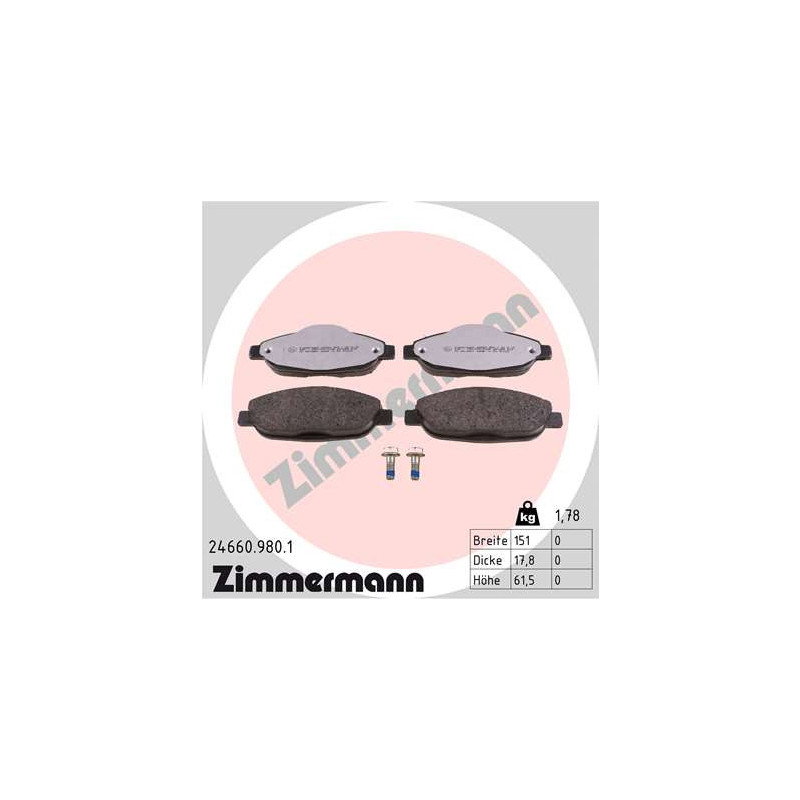 Jeu de quatre plaquettes de frein à disque ZIMMERMANN