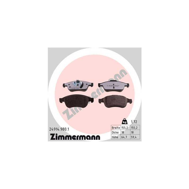 Jeu de quatre plaquettes de frein à disque ZIMMERMANN