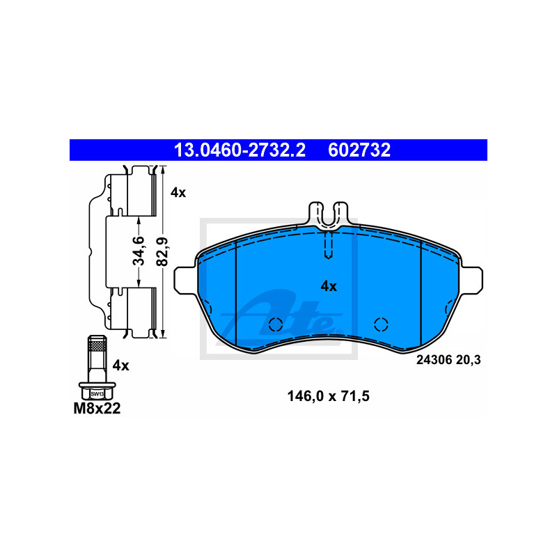 Jeu de quatre plaquettes de frein à disque ATE