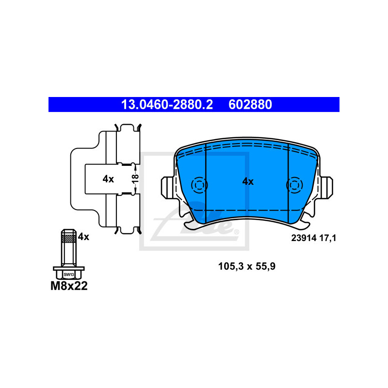 Jeu de quatre plaquettes de frein à disque ATE