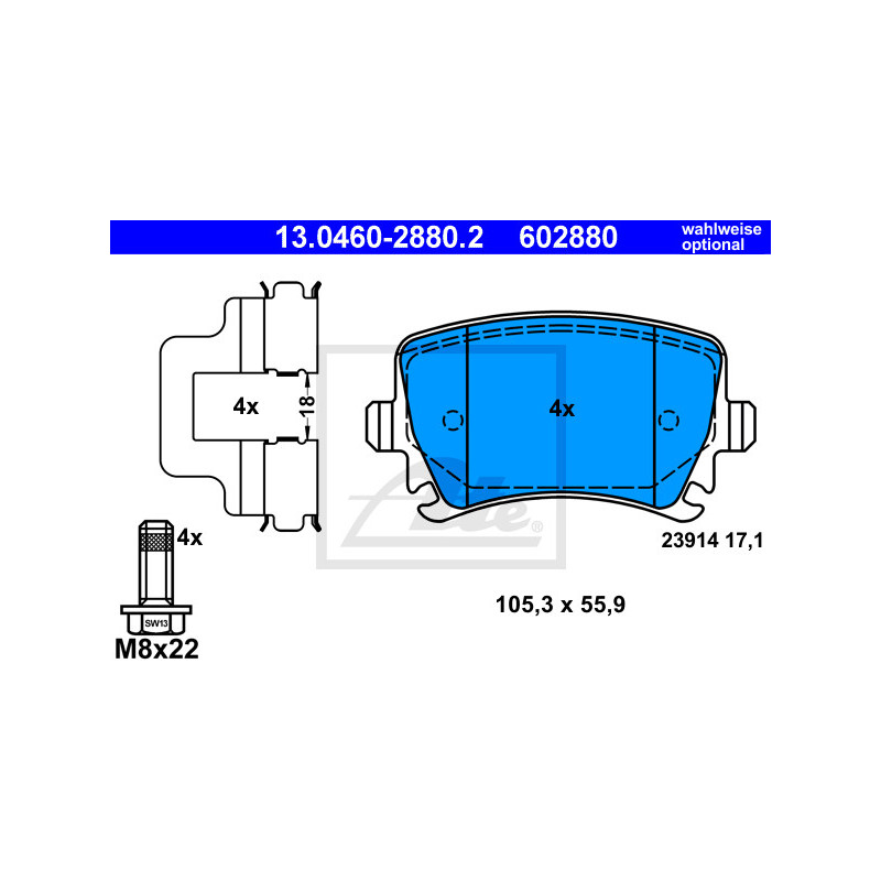 Jeu de quatre plaquettes de frein à disque ATE