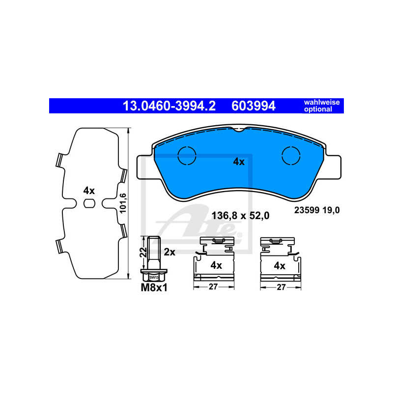 Jeu de quatre plaquettes de frein à disque ATE