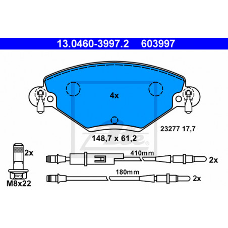 Jeu de quatre plaquettes de frein à disque ATE