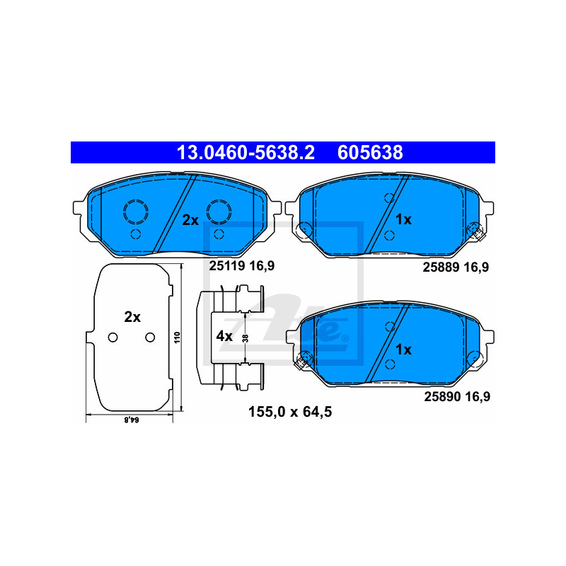 Jeu de quatre plaquettes de frein à disque ATE