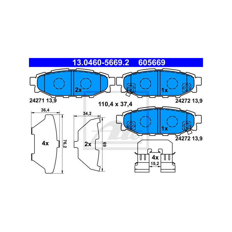 Jeu de quatre plaquettes de frein à disque ATE