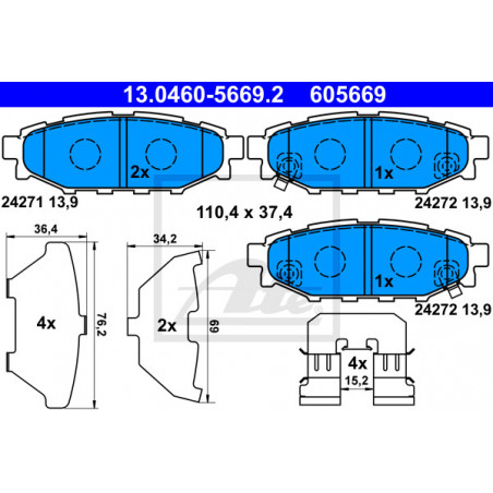 Jeu de quatre plaquettes de frein à disque ATE