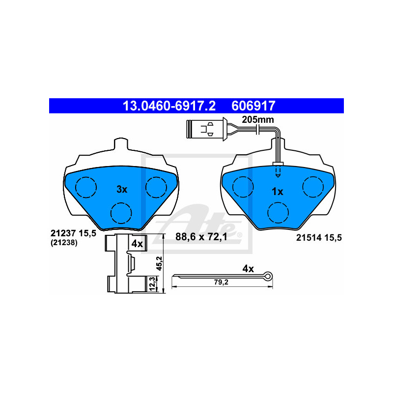 Jeu de quatre plaquettes de frein à disque ATE