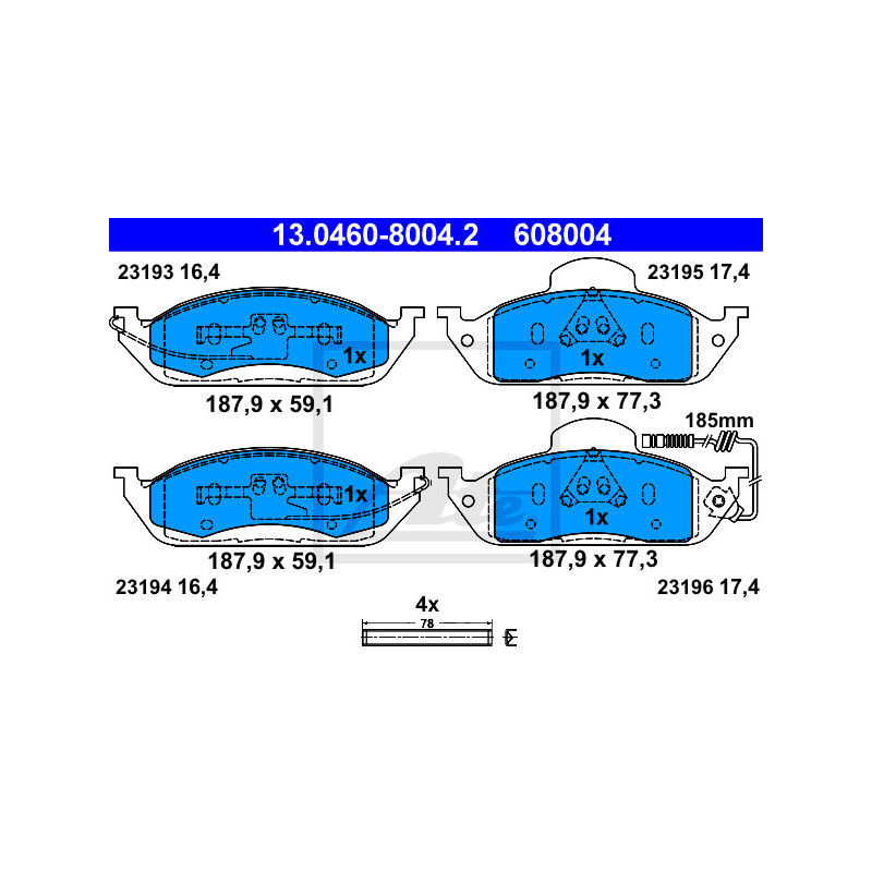 Jeu de quatre plaquettes de frein à disque ATE