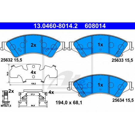 Jeu de quatre plaquettes de frein à disque ATE