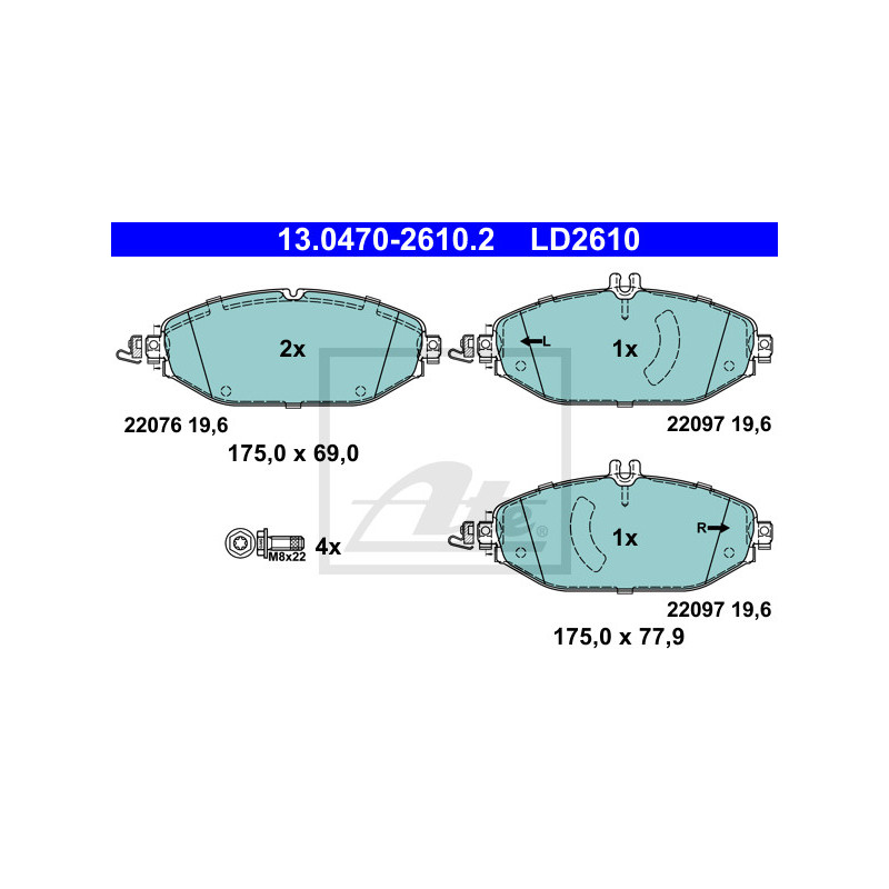 Jeu de quatre plaquettes de frein à disque ATE