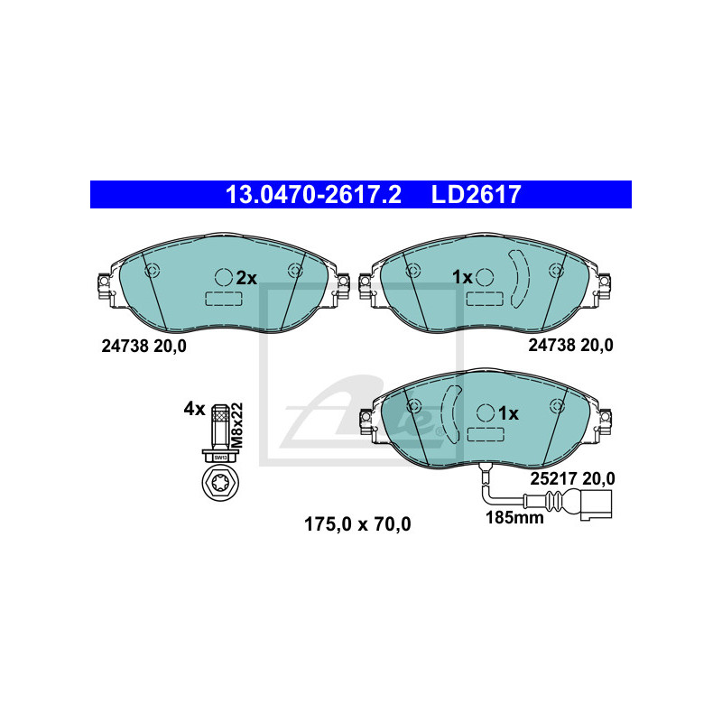 Jeu de quatre plaquettes de frein à disque ATE