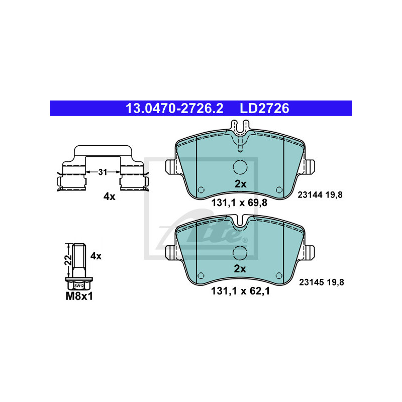 Jeu de quatre plaquettes de frein à disque ATE