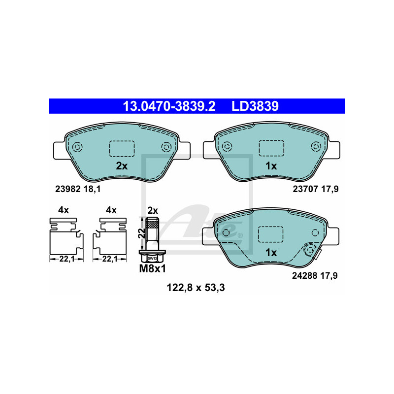 Jeu de quatre plaquettes de frein à disque ATE