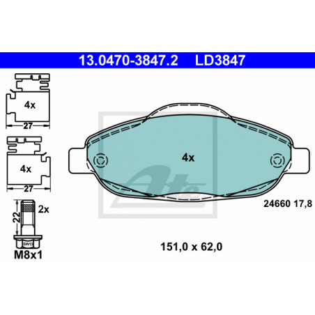 Jeu de quatre plaquettes de frein à disque ATE