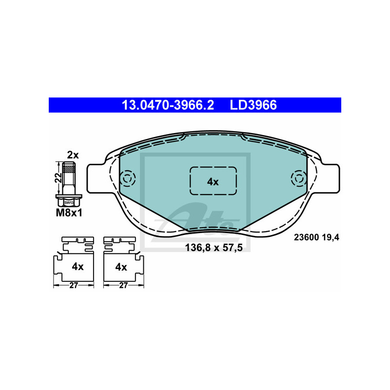 Jeu de quatre plaquettes de frein à disque ATE