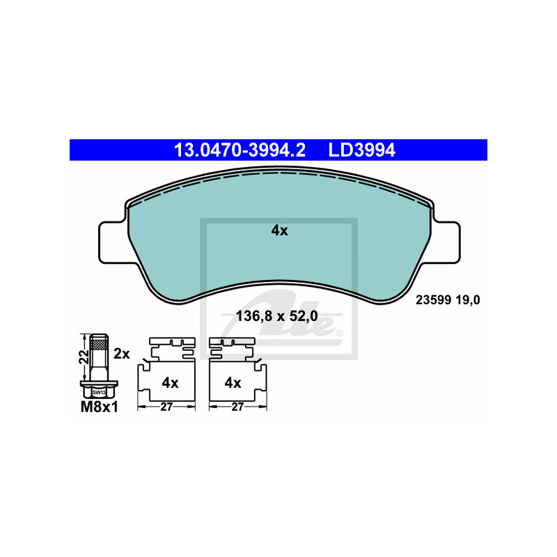 Jeu de quatre plaquettes de frein à disque ATE