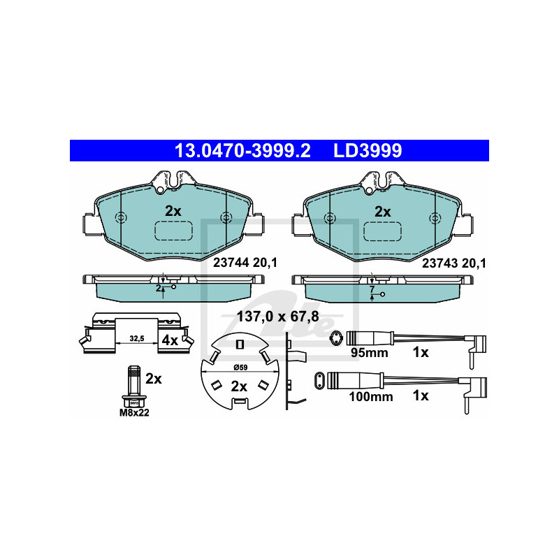 Jeu de quatre plaquettes de frein à disque ATE