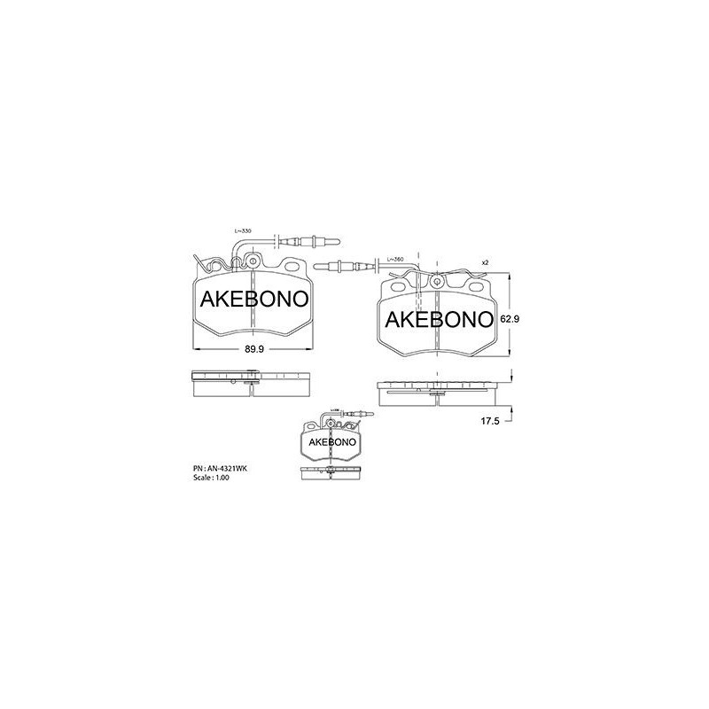 Jeu de quatre plaquettes de frein à disque AKEBONO
