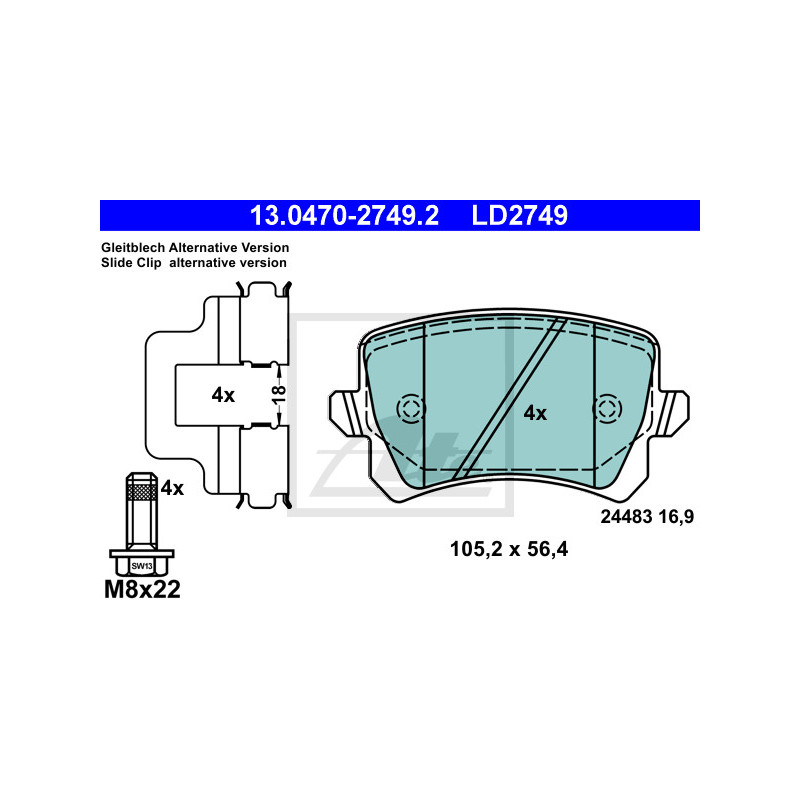 Jeu de quatre plaquettes de frein à disque ATE